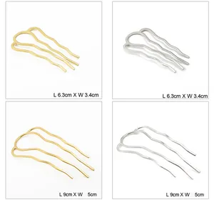 Detail view of four-tooth metal hair combs in gold and silver, showing various sizes