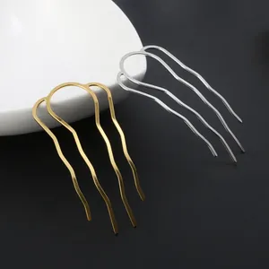 Elegant U-shaped wavy 4-tooth metal hair comb pins in gold and silver finish