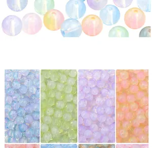 Detailed view of colorful frosted round glass beads with aurora finish for DIY jewelry