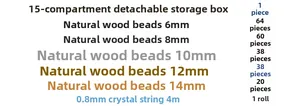 Liste d'ensemble de perles en bois naturel avec boîte à 15 grilles et fil élastique en cristal