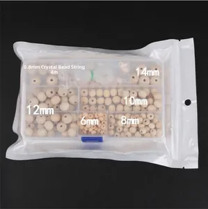 Kit de perles en bois naturel avec boîte de rangement et fil cristal de 0,8 mm