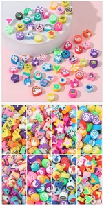 Macro detail of colorful polymer clay beads with smiley faces and heart patterns for DIY