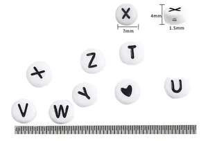 Detailed view of 7x4mm acrylic alphabet beads with precise dimension diagrams for DIY jewelry