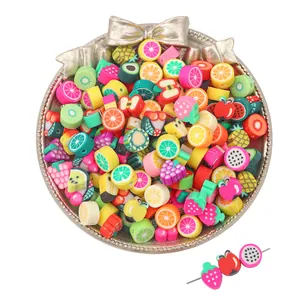 Handmade fruit polymer clay beads set in silver bowl for DIY jewelry and bracelet making
