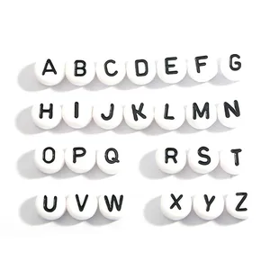 Acrylic Alphabet Beads Flat Round White With Black Letters For DIY Bracelet Necklace Jewelry Making Handmade Craft Beads