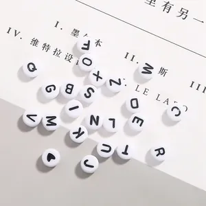 Flat round white acrylic alphabet beads with black letters for DIY bracelet making