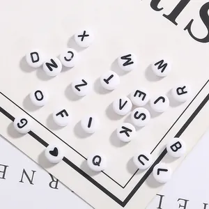 Flat round 4x7mm white acrylic alphabet beads with black letters and hearts for DIY jewelry