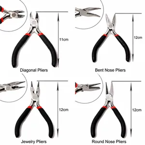 Detailed macro view of 4-piece DIY jewelry plier set including diagonal and round nose pliers