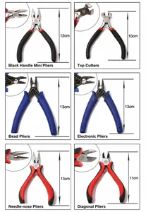 Detailed grid of assorted DIY jewelry pliers with ergonomic grips and magnified functional tips