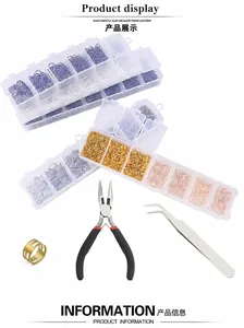 Macro view of DIY jewelry making kit with jump rings, pliers, and tweezers in a clear box