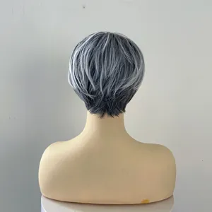 Detail view of silver grey layered short wig with dark roots and realistic hair texture