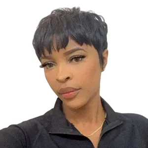 Short black pixie cut wig with wispy bangs for women, front view on white background