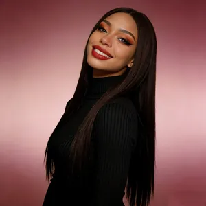 Detail of long straight deep brown synthetic wig with middle part and natural shine