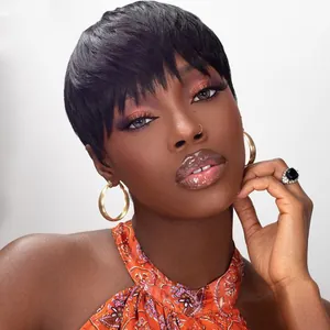 Short straight black bob wig with wispy bangs and natural finish on studio model