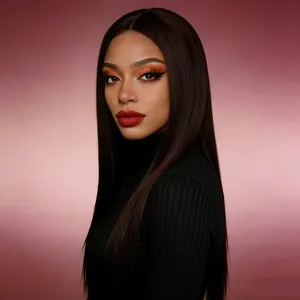 Long straight 24-inch middle part synthetic wig in natural black for women on model