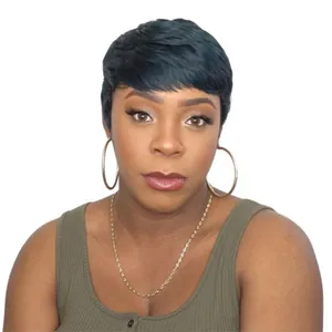 Short dark green pixie cut wig with bangs for women shown on professional model