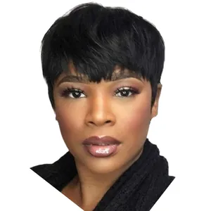 Close-up of a short pixie cut wig in natural black on a model with a sleek finish