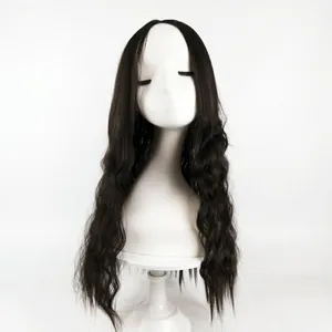 Detailed view of the middle part long black wavy synthetic hair on a white model head