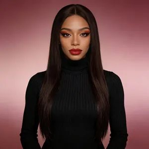 Long straight center part synthetic wig in natural black to dark brown gradient finish