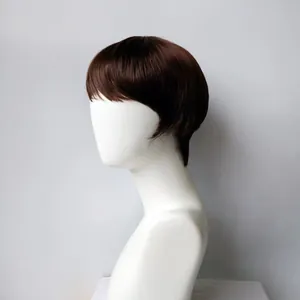 Side view of dark brown short bob wig with straight hair on mannequin head