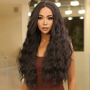 Women Long Curly Synthetic Hair Wig Heat Resistant Fiber Middle Part Corn Perm African Style Long Wavy Wig For Daily Party
