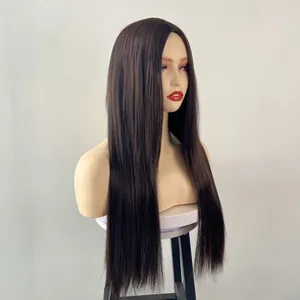 Detail view of long straight dark hair wig with middle part on a mannequin head