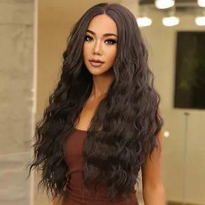 Long wavy dark brown synthetic wig with center part for women in a natural lifestyle look