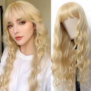 Long platinum blonde wavy wig with bangs shown on model and mannequin stand