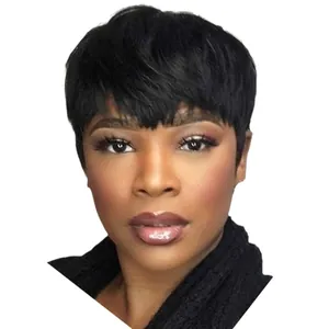 Short black pixie cut wig with bangs for women featuring a natural straight hair texture
