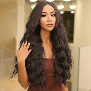 Long wavy deep brown synthetic wig for women with center part and natural dense volume