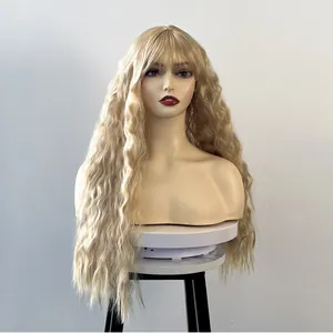 Long wavy light blonde synthetic wig with bangs on a professional model head display