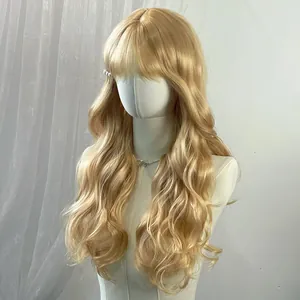 Detail view of honey blonde wavy long wig with bangs on a minimalist mannequin head