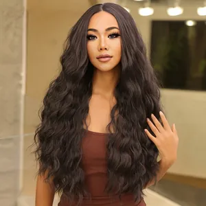 Detail of long wavy deep brown wig featuring natural voluminous curls and middle part