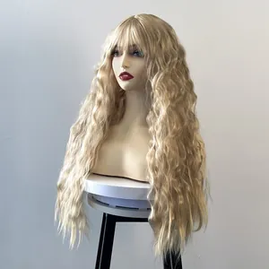 Light blonde long wavy wig with bangs on a display mannequin, natural wave synthetic hair