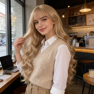 Long Wavy Wig With Blunt Bangs High Temperature Synthetic Fiber Full Head Cover For Women Natural Cosplay Daily Wear