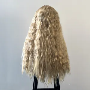 Detailed back view of light blonde long wavy wig with voluminous water wave texture
