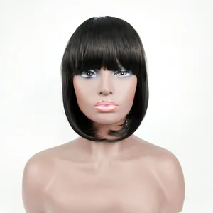 Classic black short straight bob wig with flat bangs and inner curved ends for women