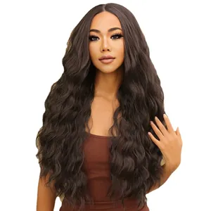 Long wavy black synthetic wig for women featuring a middle part and realistic hair texture
