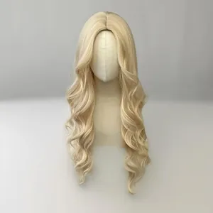 Long wavy light blonde wig for women with middle part styling on a beige mannequin head