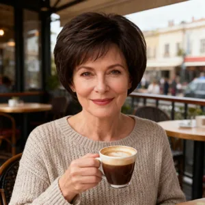 Peluca corta bob marrón oscuro natural para mujer madura mostrada en una cafetería exterior
