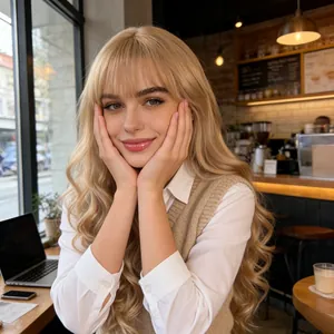Long wavy blonde wig with flat bangs on a fashion model in a stylish cafe setting