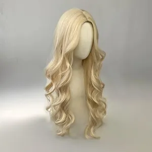 Long wavy blonde synthetic wig with middle part style for women on mannequin head