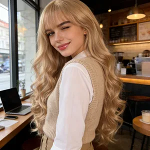 Long wavy blonde wig with bangs for women showing natural flowing synthetic hair texture