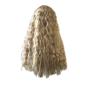 Back view of a long water wave synthetic hair wig in light blonde with natural texture