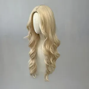 Long wavy light blonde wig with middle part for women, shown on a mannequin head