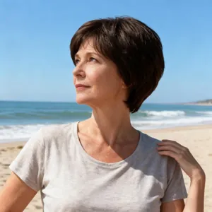 Peluca corta natural marrón oscuro para mujeres mayores con corte a capas en la playa