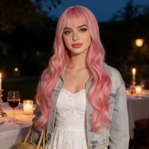 Pink long wavy wig with air bangs, stylish full head synthetic hair for women