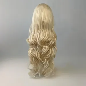 Detailed back view of long wavy light blonde synthetic wig showing thick curly texture