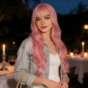 Long wavy pink wig with bangs for women, high-quality synthetic fiber hair for daily cosplay