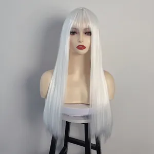 Macro detail of long straight white synthetic wig with airy bangs on mannequin head